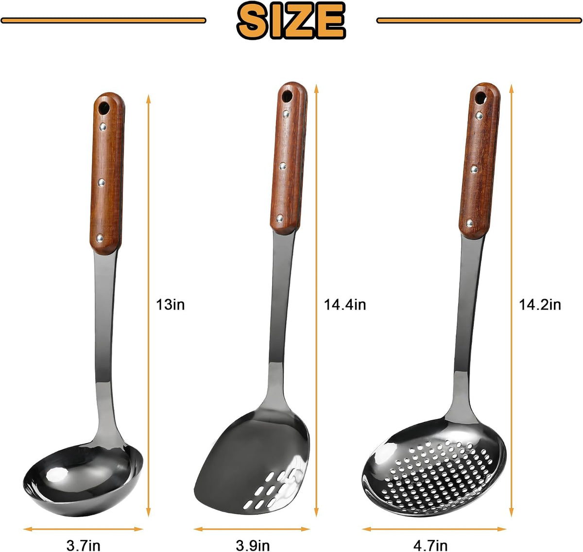 FJNATINH Stainless Steel Wok Spatula,Ladle,Skimmer Ladle Tool Set,Mirror Polished Cooking Utensils with Wooden Handle,Easy to Clean Wok Accessories,Black 3 PCS