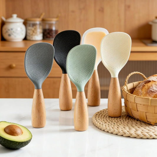 Short Wooden Handle Silicone Spatula, Silicone Standing Rice Spatula with Non-stick Wooden Paddle, Heat Resistant Rice Cooker Spoon for Cooking, Mixing, Serving (White)