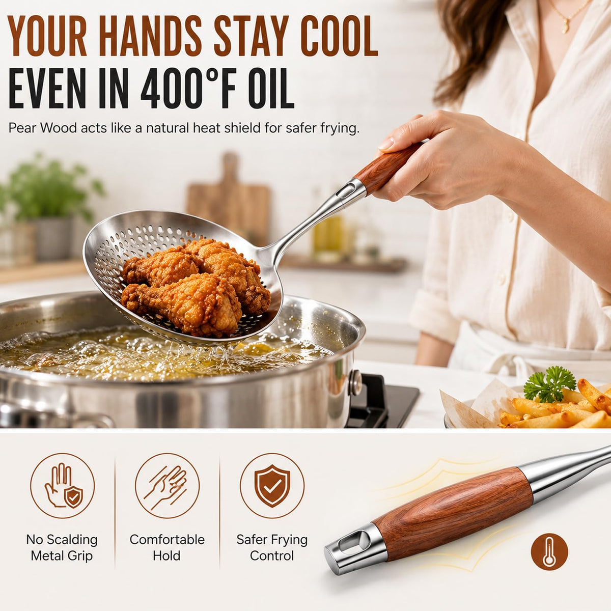 Wooden Handle Stainless Steel Skimmer, Skimmer Slotted Spoon, Skimmer Ladle Spoon with Heat-Resistant Long Handle, Extra Thick Spider Strainer for Deep Frying, Boiling & Fast Oil Draining (2)