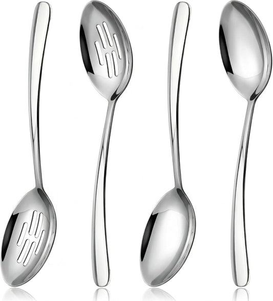 10.3-in Large Serving Spoons Set, 18/0 Stainless Steel, Heavy Duty, 2 Serving & 2 Slotted for Wedding Party Buffet Housewarming, Pack of 4