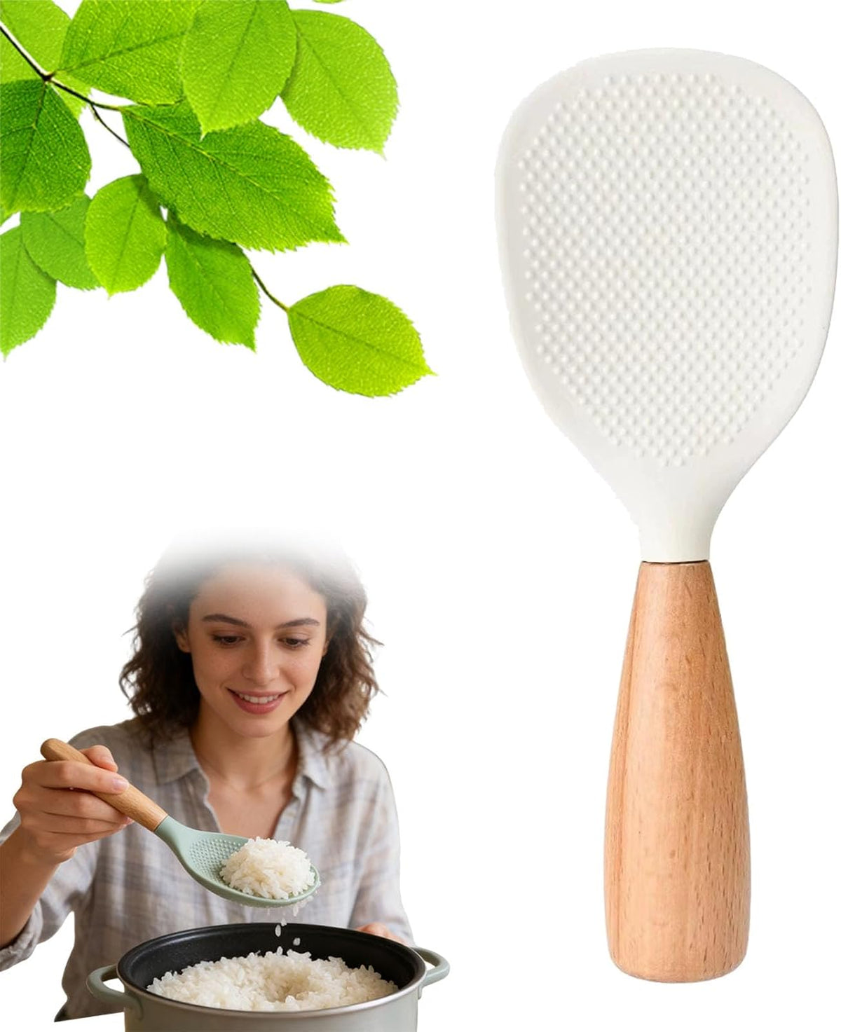 Short Wooden Handle Silicone Spatula, Silicone Standing Rice Spatula with Non-stick Wooden Paddle, Heat Resistant Rice Cooker Spoon for Cooking, Mixing, Serving (White)