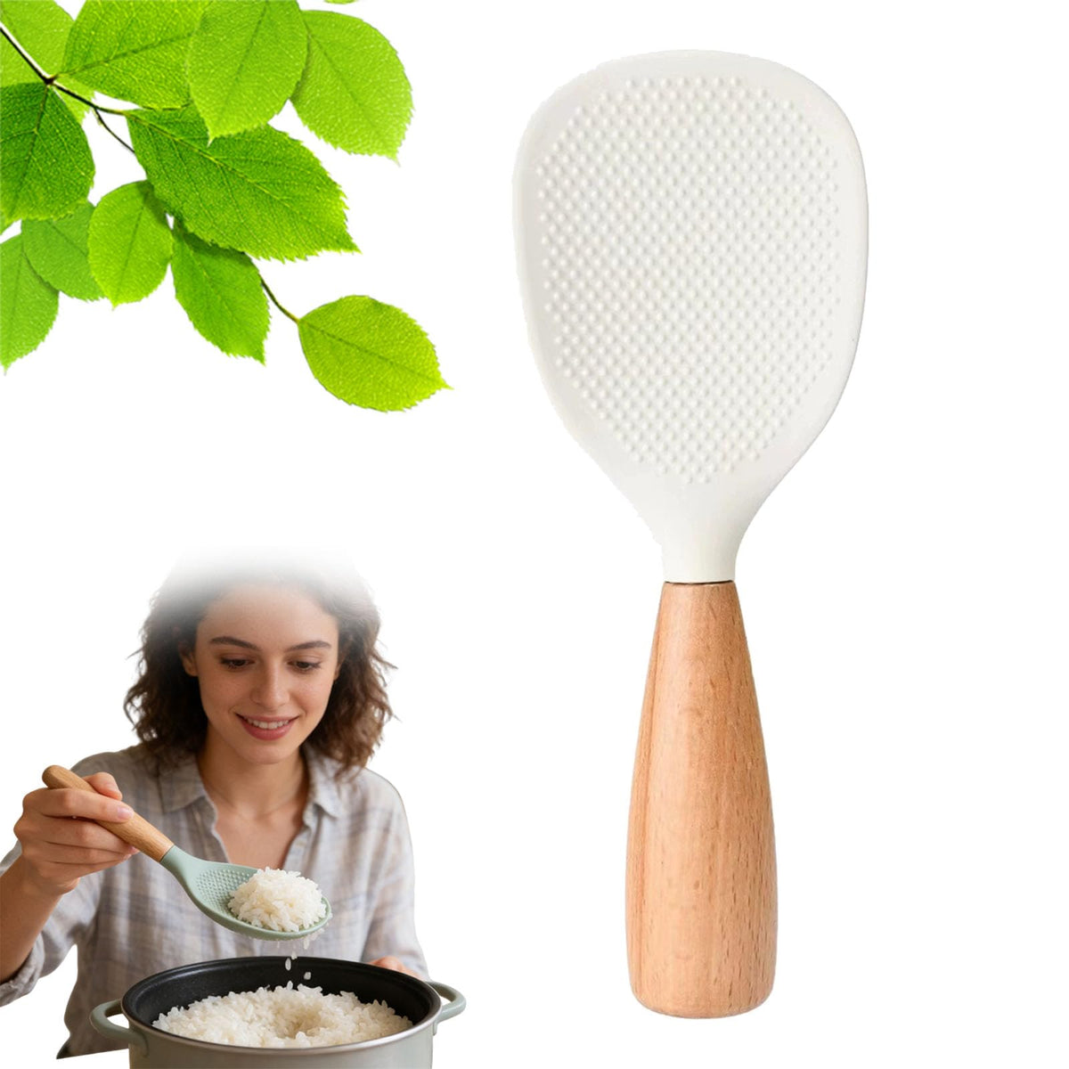 Short Wooden Handle Silicone Spatula, Silicone Standing Rice Spatula with Non-stick Wooden Paddle, Heat Resistant Rice Cooker Spoon for Cooking, Mixing, Serving (White)