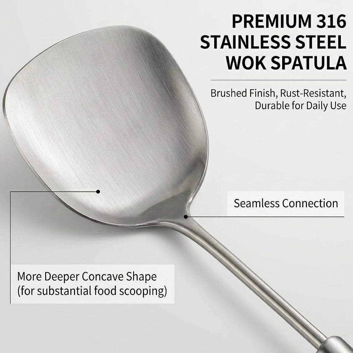 16.3" Wide Metal Spatula,Premium 316 Stainless Steel Wok Spatula with Hollow Long Handle Stir Wok Utensils,Metal Turner One-Piece Seamless Design,Rustproof Fry Spatula,Brushed Matte Finish