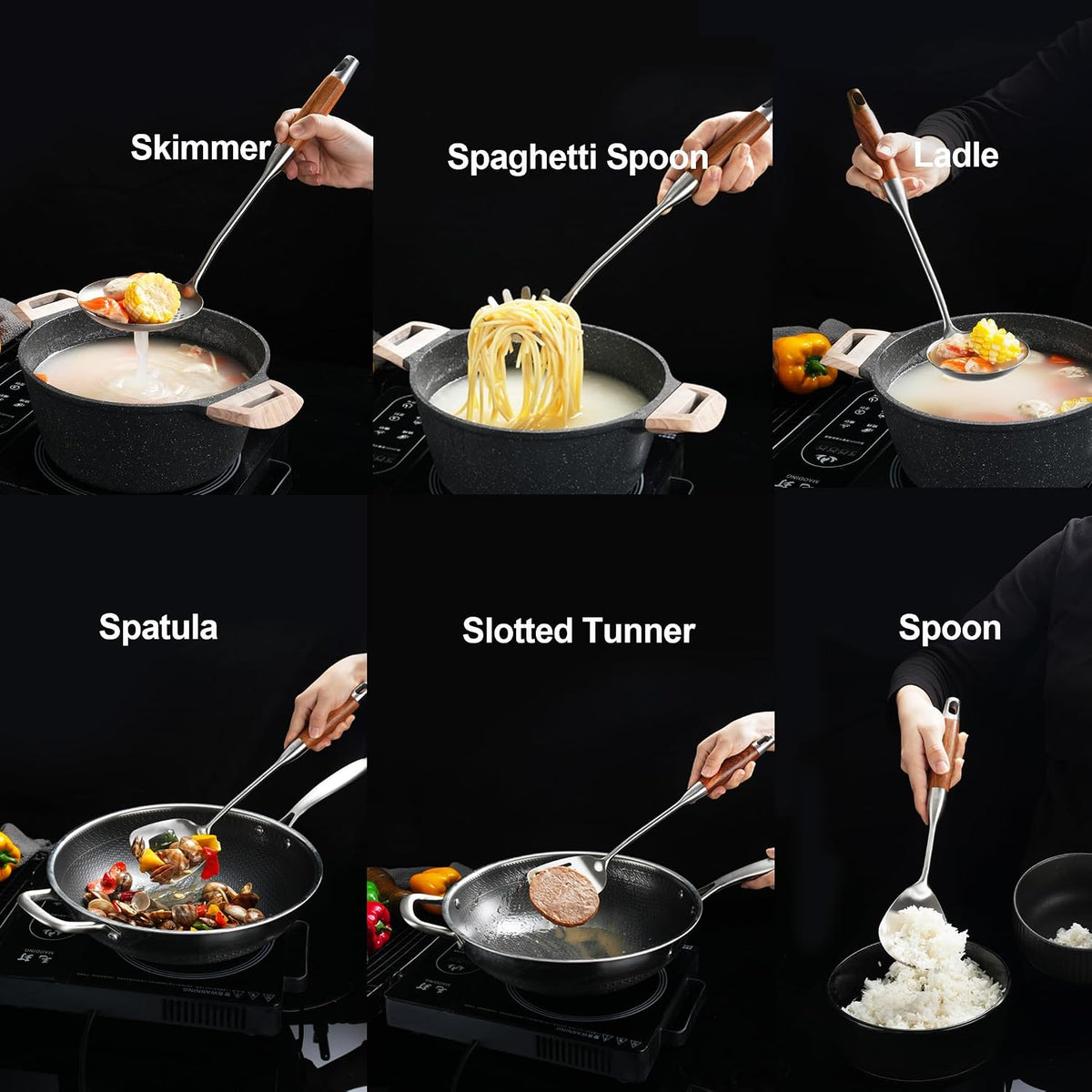 Stainless Steel Kitchen Utensils Set for Cooking Wooden Handle 9pcs