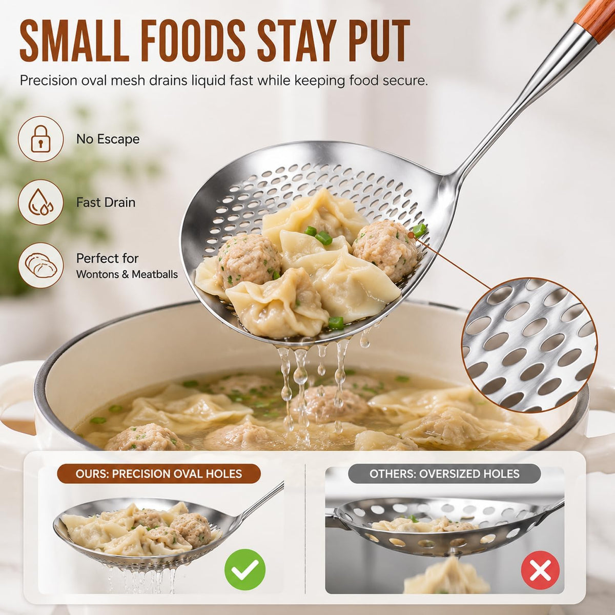 Wooden Handle Stainless Steel Skimmer, Skimmer Slotted Spoon, Skimmer Ladle Spoon with Heat-Resistant Long Handle, Extra Thick Spider Strainer for Deep Frying, Boiling & Fast Oil Draining (2)
