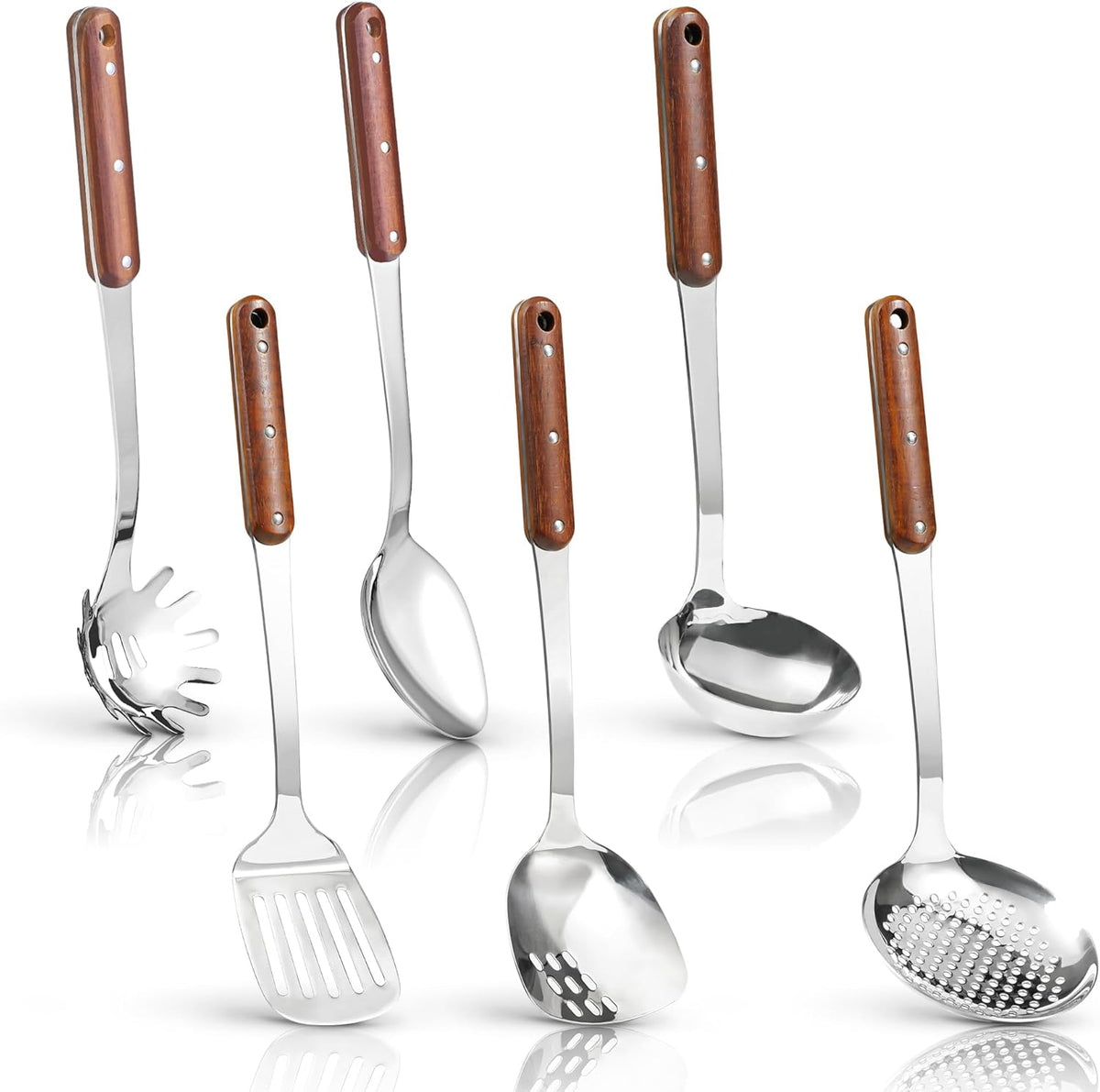 FJNATINH Stainless Steel Cooking Utensils Set, Mirror Polished 6 Pieces Kitchen Utensils Set, Kitchen Tools Set With Wooden Handle Non-Stick Heat Resistant,Dishwasher Safe, Easy to Clean