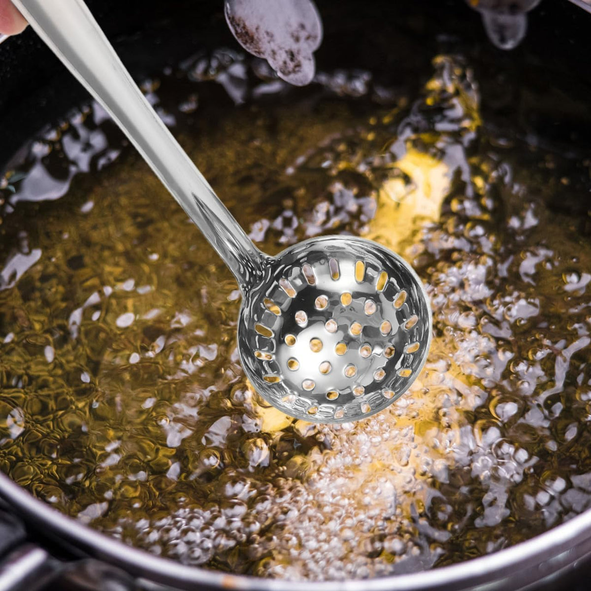 Skimmer Slotted Spoon with Long Handle and Hanging Hook 304 Stainless Steel