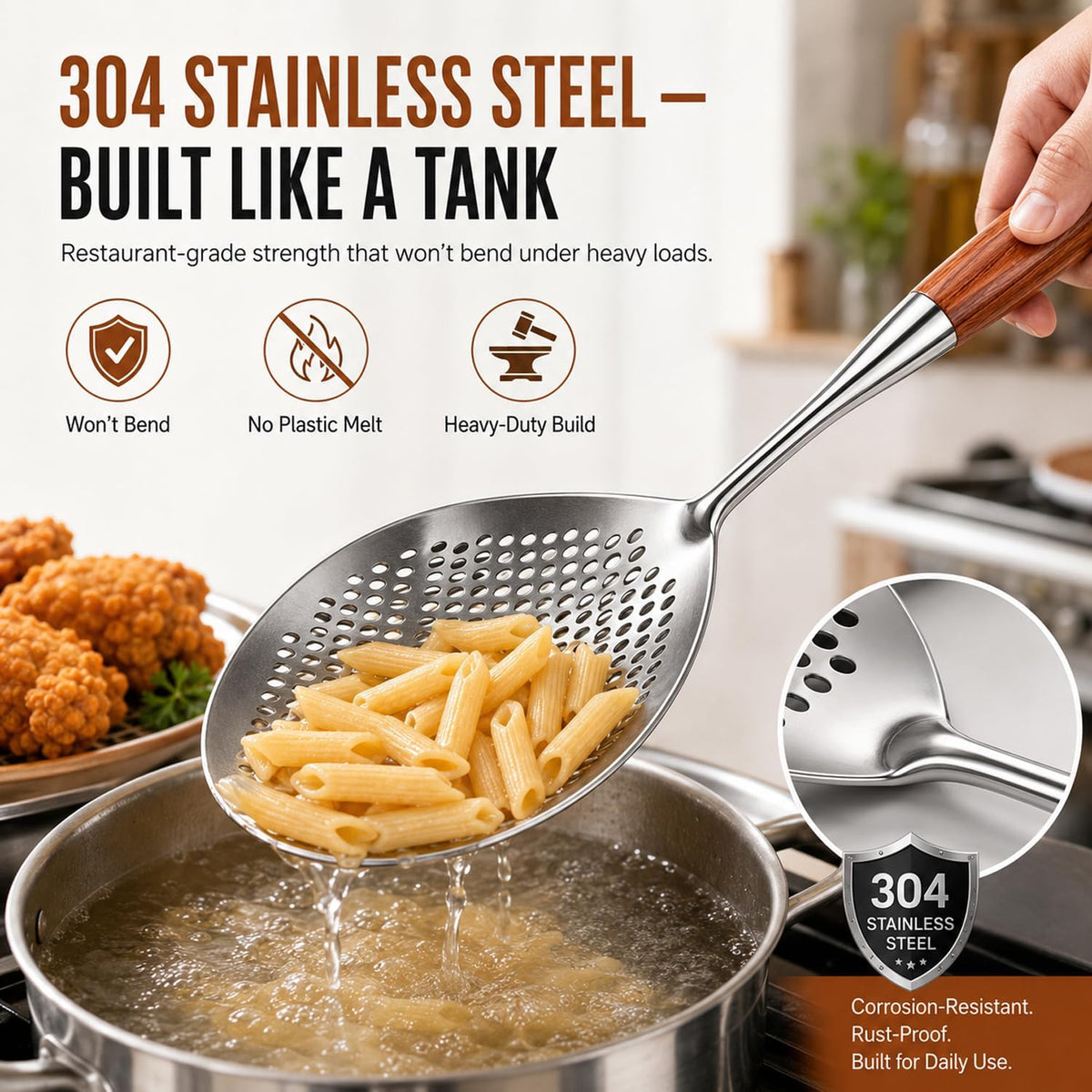 Wooden Handle Stainless Steel Skimmer, Skimmer Slotted Spoon, Skimmer Ladle Spoon with Heat-Resistant Long Handle, Extra Thick Spider Strainer for Deep Frying, Boiling & Fast Oil Draining (2)