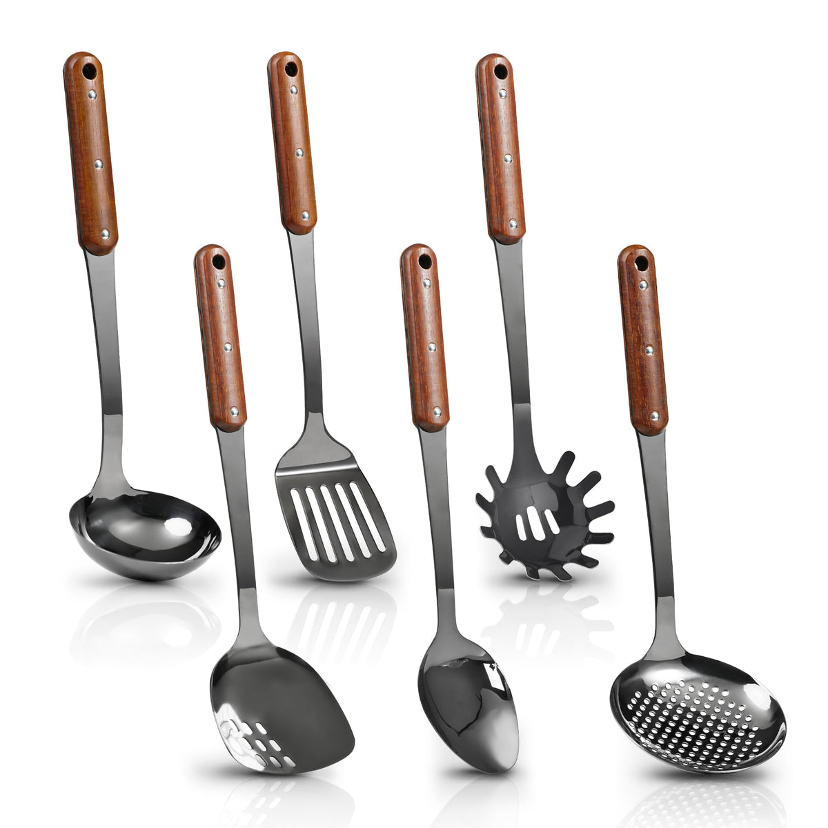 FJNATINH Stainless Steel Cooking Utensils Set, Mirror Polished 6 Pieces Kitchen Utensils Set, Kitchen Tools Set With Wooden Handle Non-Stick Heat Resistant,Dishwasher Safe, Easy to Clean