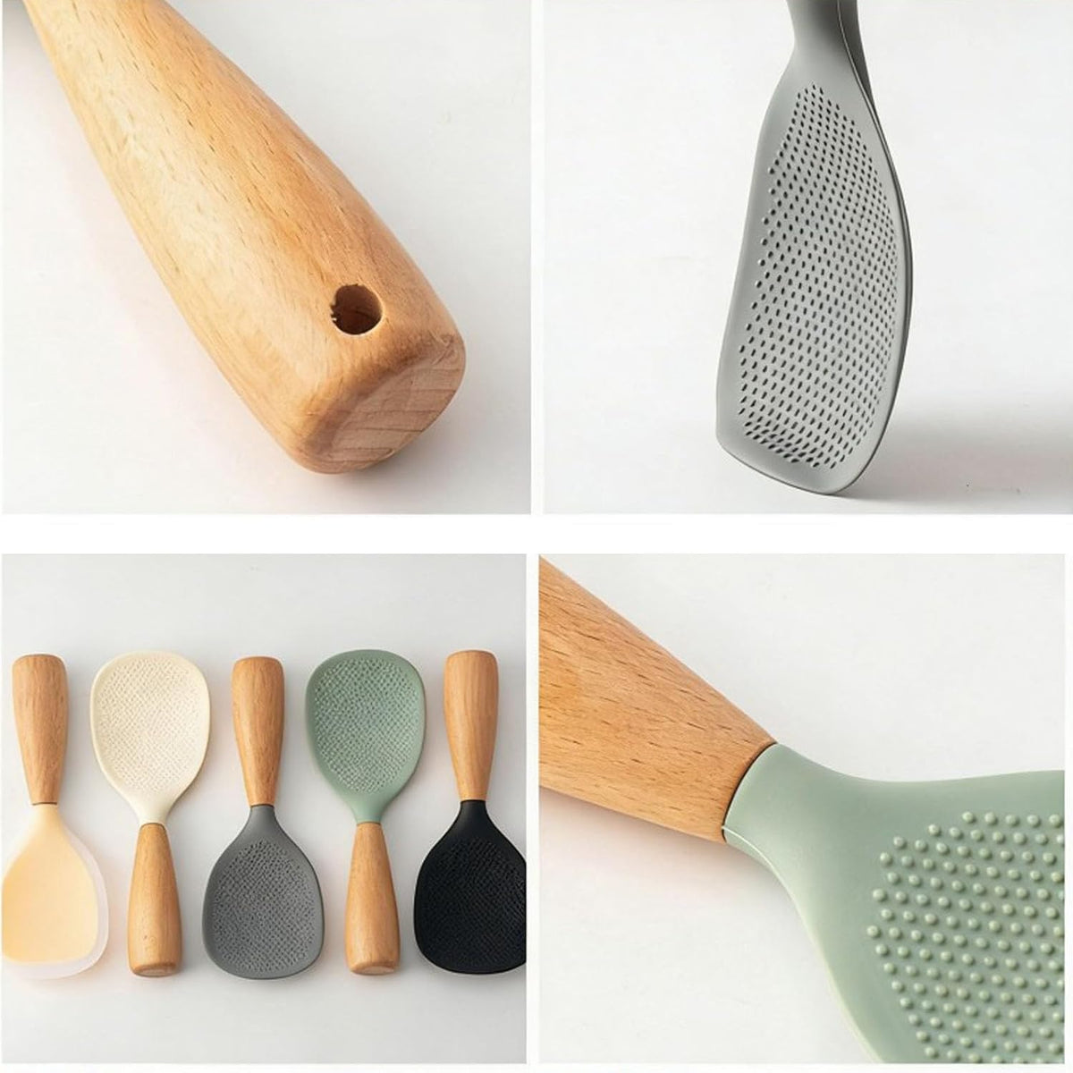 Short Wooden Handle Silicone Spatula, Silicone Standing Rice Spatula with Non-stick Wooden Paddle, Heat Resistant Rice Cooker Spoon for Cooking, Mixing, Serving (White)