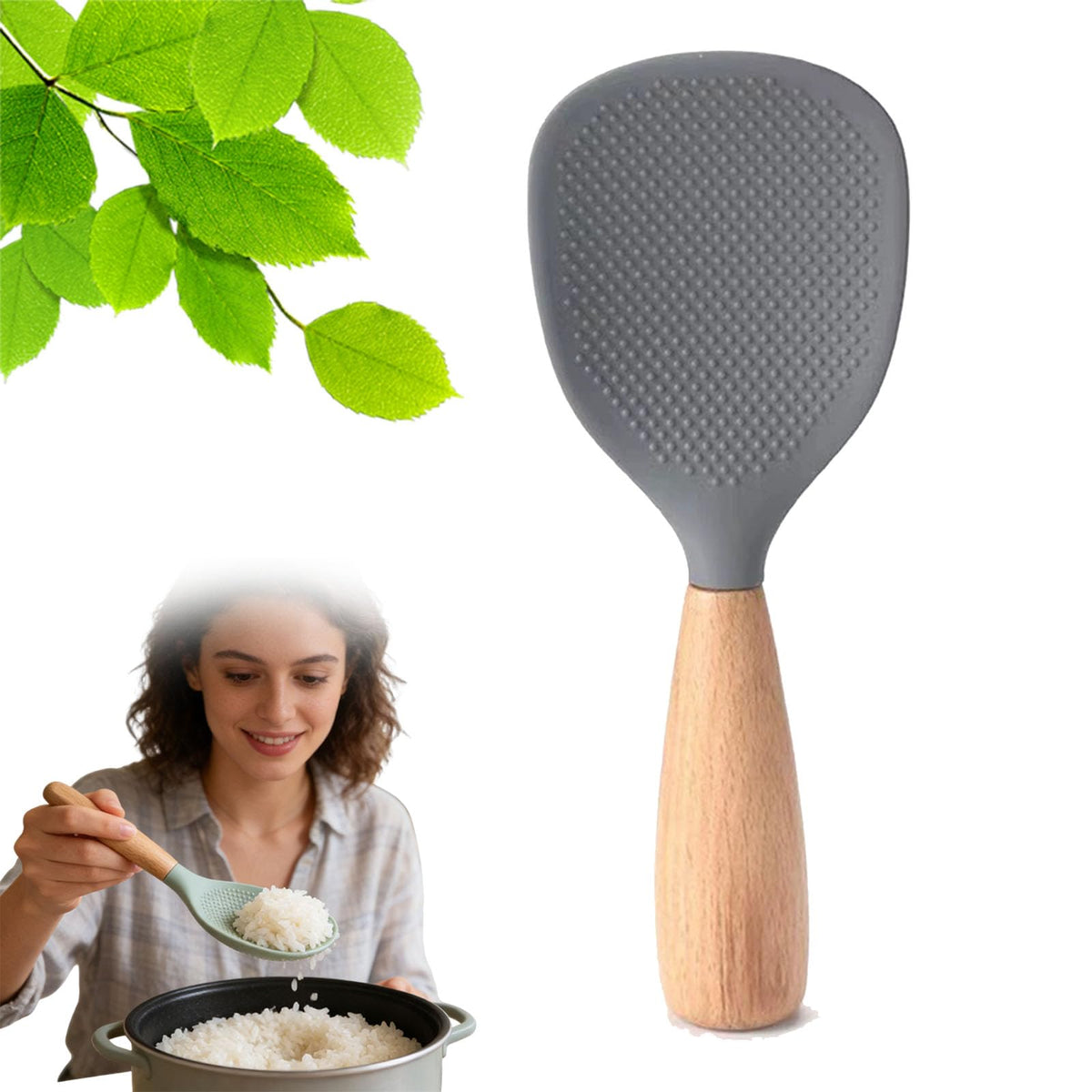 Short Wooden Handle Silicone Spatula, Silicone Standing Rice Spatula with Non-stick Wooden Paddle, Heat Resistant Rice Cooker Spoon for Cooking, Mixing, Serving (White)