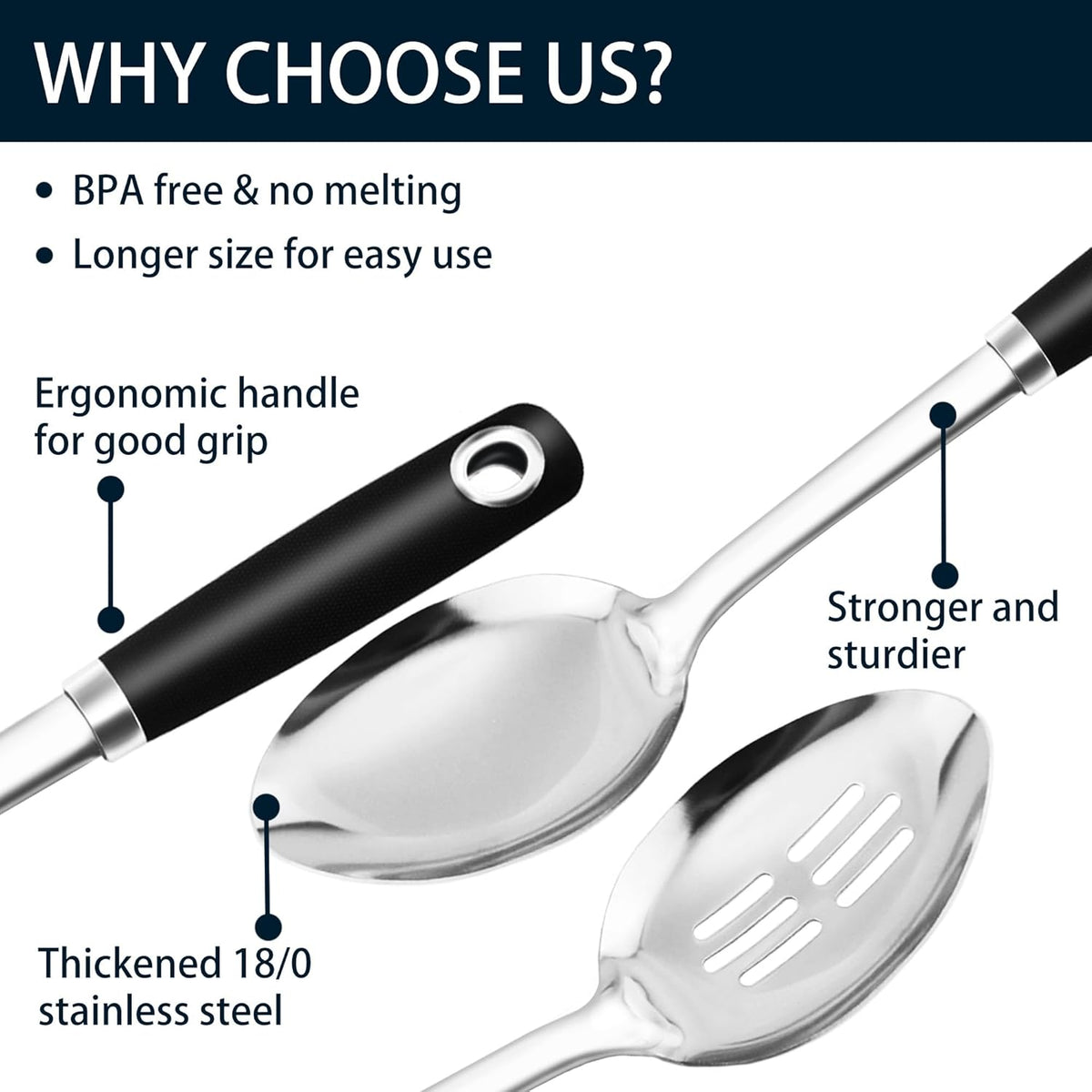 14-in Cooking Spoons Set, Heavy Duty 18/0 Stainless Steel Large Serving Spoons Set, Slotted Spoon, Cooking Spoon & Soup Ladle, Commercial and Residential Use, Pack of 3