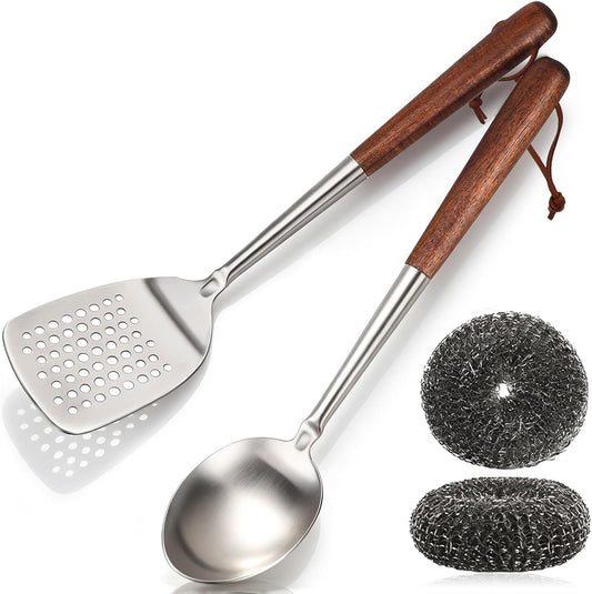 Cooking Spatula 14.2" and Spoon 13.6", Stainless Steel, Wooden Handle