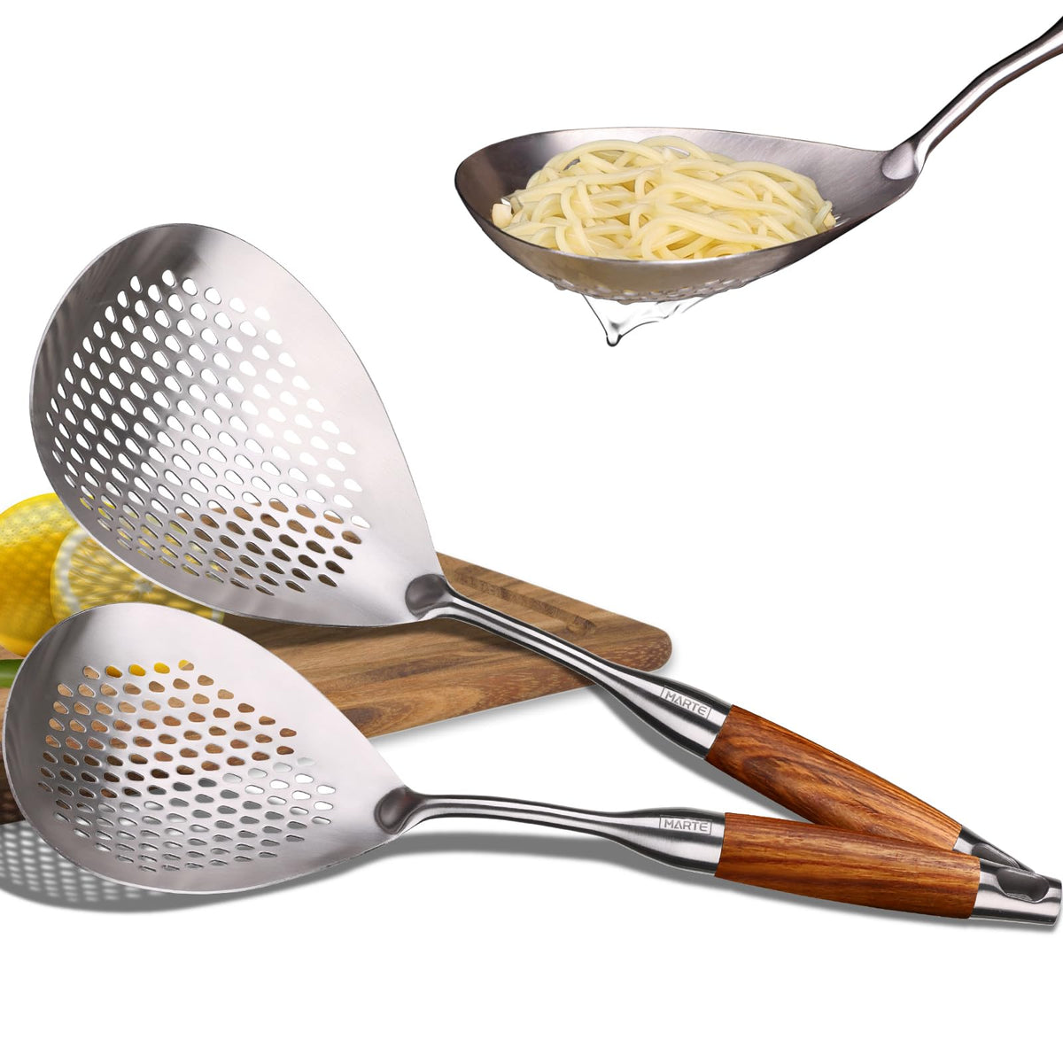Skimmer Slotted Spoon -16.5" 304 Stainless Steel Pasta Spider Strainer Skimmer Ladle Spoon for Cooking and Frying - Kitchen Metal Scoop Colander Strainer Spoon with Heat Resistant Handle