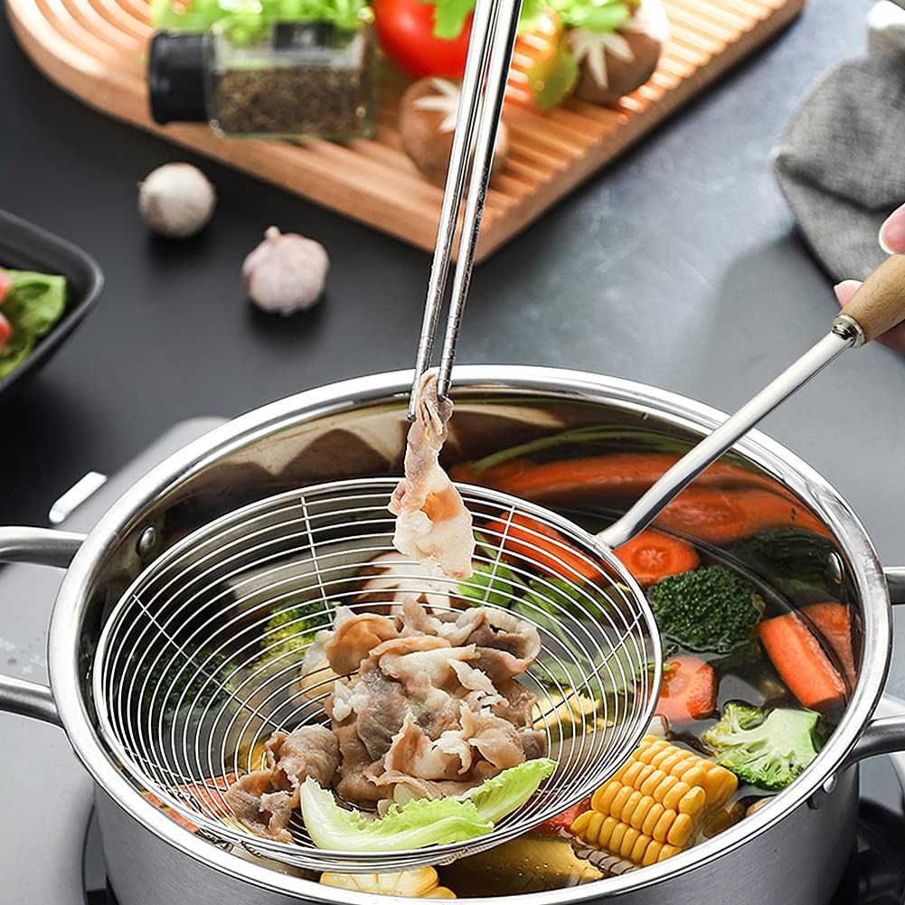 IQCWOOD Spider Strainer & Slotted Spoon, 7.1 inch Skimmer with Wood Handle