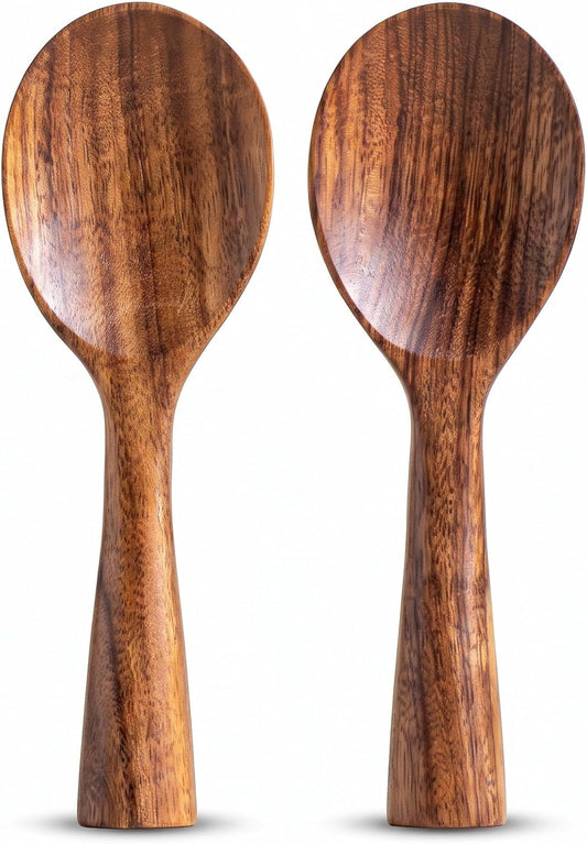 Ninefish Acacia Wood Rice Paddle Set, 2-Piece Non-Stick Wooden Standing Rice Spoon Scooper Spatula, Heat Resistant Rice Cooker Spoon, Durable Natural Wood Serving Utensils for Rice & Potato Servers