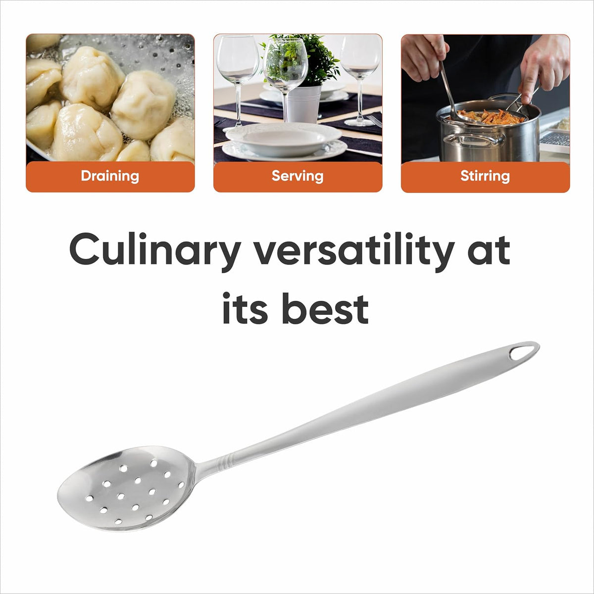 Large Metal Cooking Spoon with Holes- Pack of 2 - Stainless Steel Slotted Serving Spoon - Perforated Metal Spoon with Long Handle