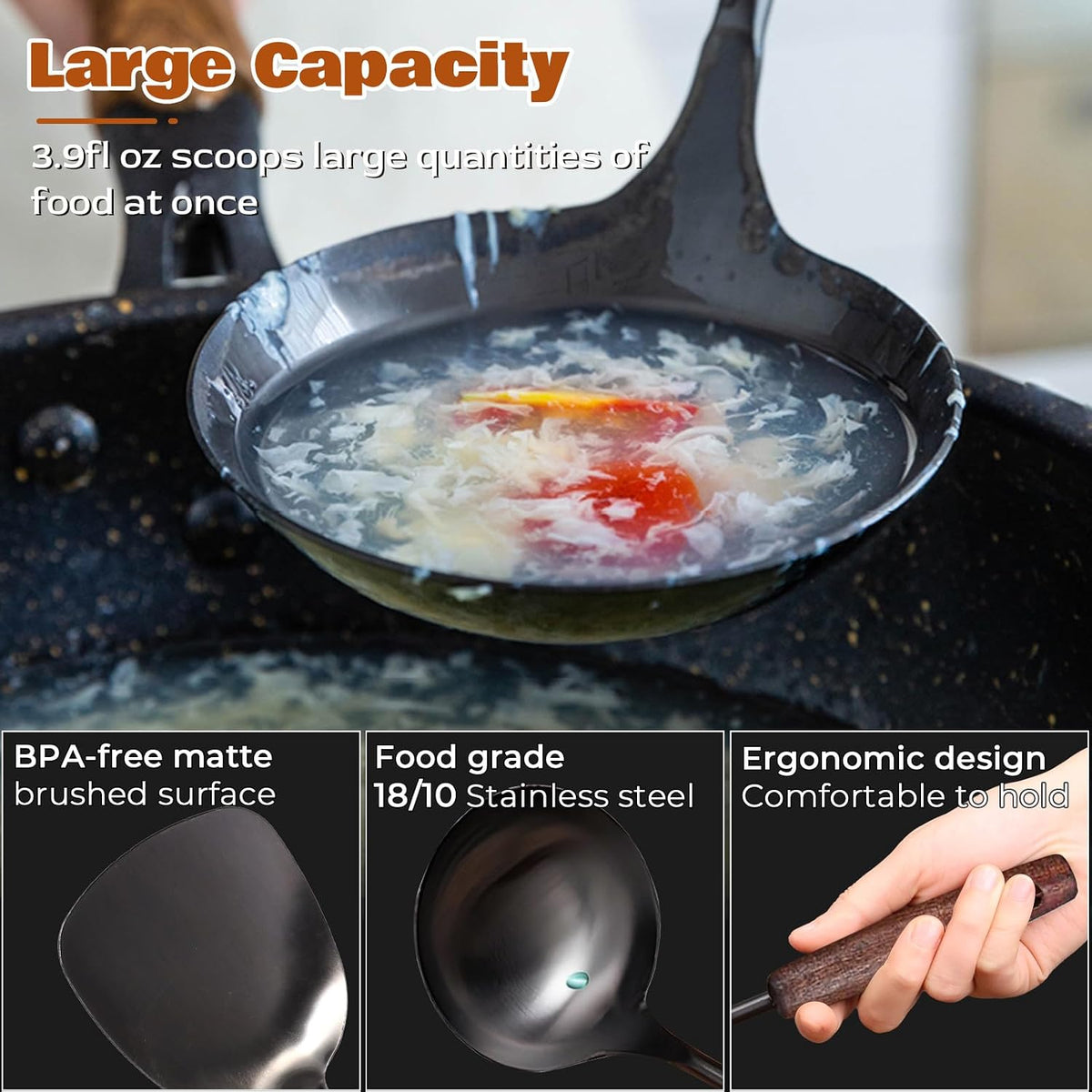 MARTE 15" Wok Spatula Turner and Ladle,Skimmer Spoon Tool Set - 18/10 Stainless Steel Vintage Cooking Utensils Set - Set of 4 High Grade Titanium Plating Kitchen Wok Utensils with Solid Wooden Handle