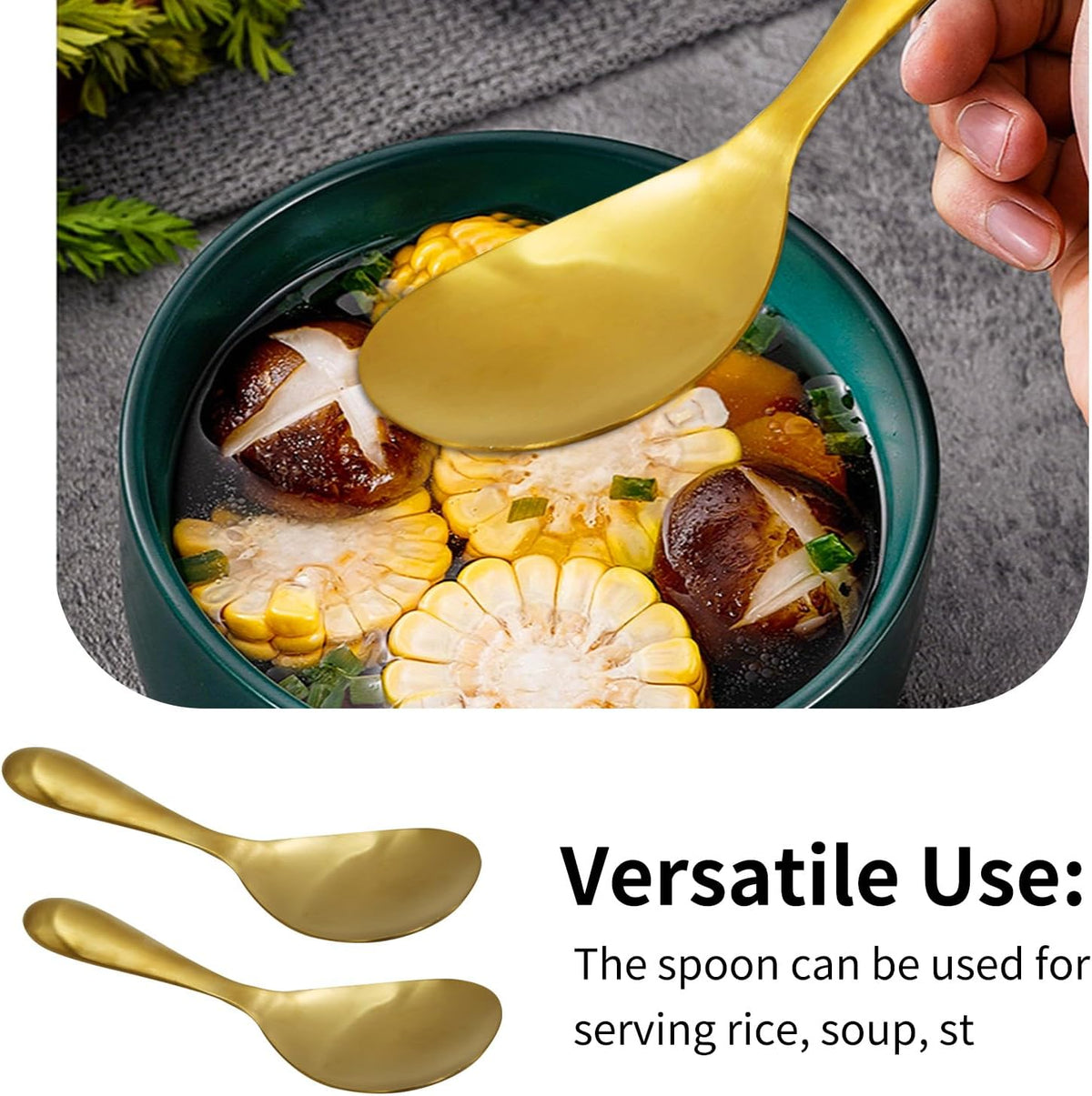2 Pack 8 Inch Stainless Steel Rice Spoons, Thickened Heat Resistant Serving Spoon, for Kitchen, Gold
