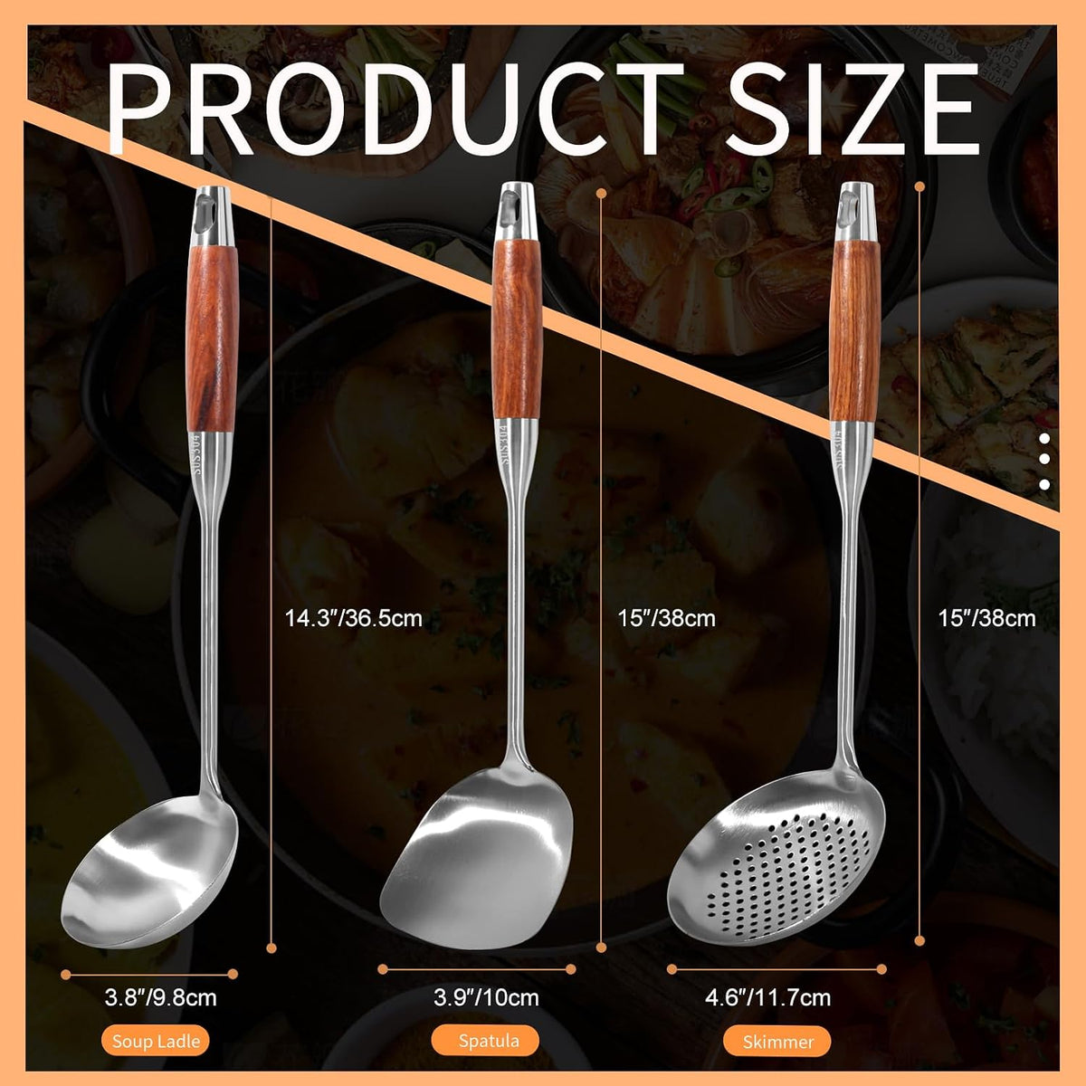 304 Stainless Steel Wok Utensils Set, 3-Piece 15 Inch Extra Long Professional Wok Tools with Wooden Handle, Includes Spatula, Skimmer & Soup Ladle for Carbon Steel Wok