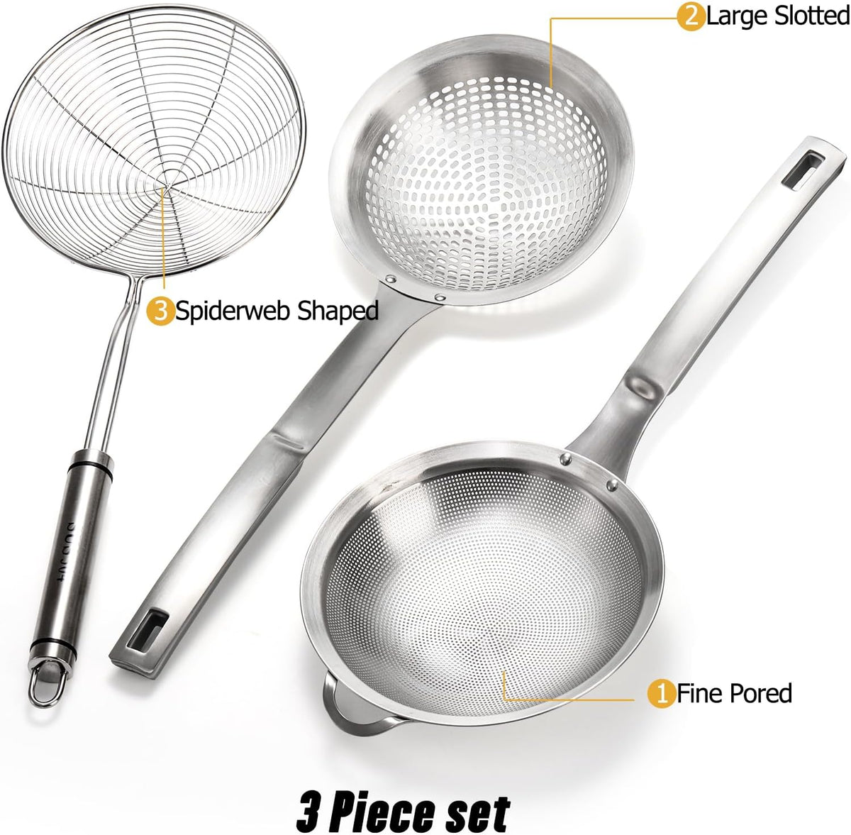 3 Pieces Spider Strainer Skimmer Ladle, Stainless Steel Fine Mesh Fat Skimmer Spoon, Large Hole Slotted Colander, Kitchen Wire Strainer for Straining Pasta/Skimming Grease/Cooking/Frying