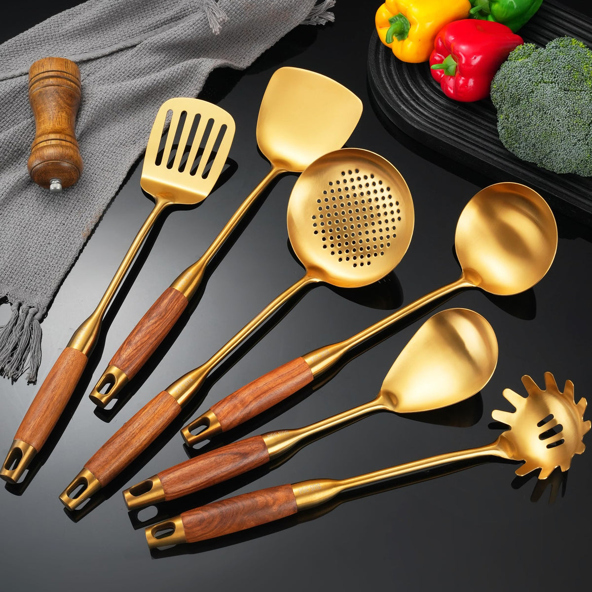 Stainless Steel Kitchen Utensils Set for Cooking Wooden Handle 9pcs