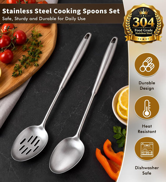 2 Pcs Stainless Steel Cooking Spoons Set, 304 Solid & Slotted Metal Serving Spoons, Heavy Duty Sturdy Large Soup Ladle, High Heat Resistant Kitchen Utensils for Mixing, Stirring, Dishwasher Safe