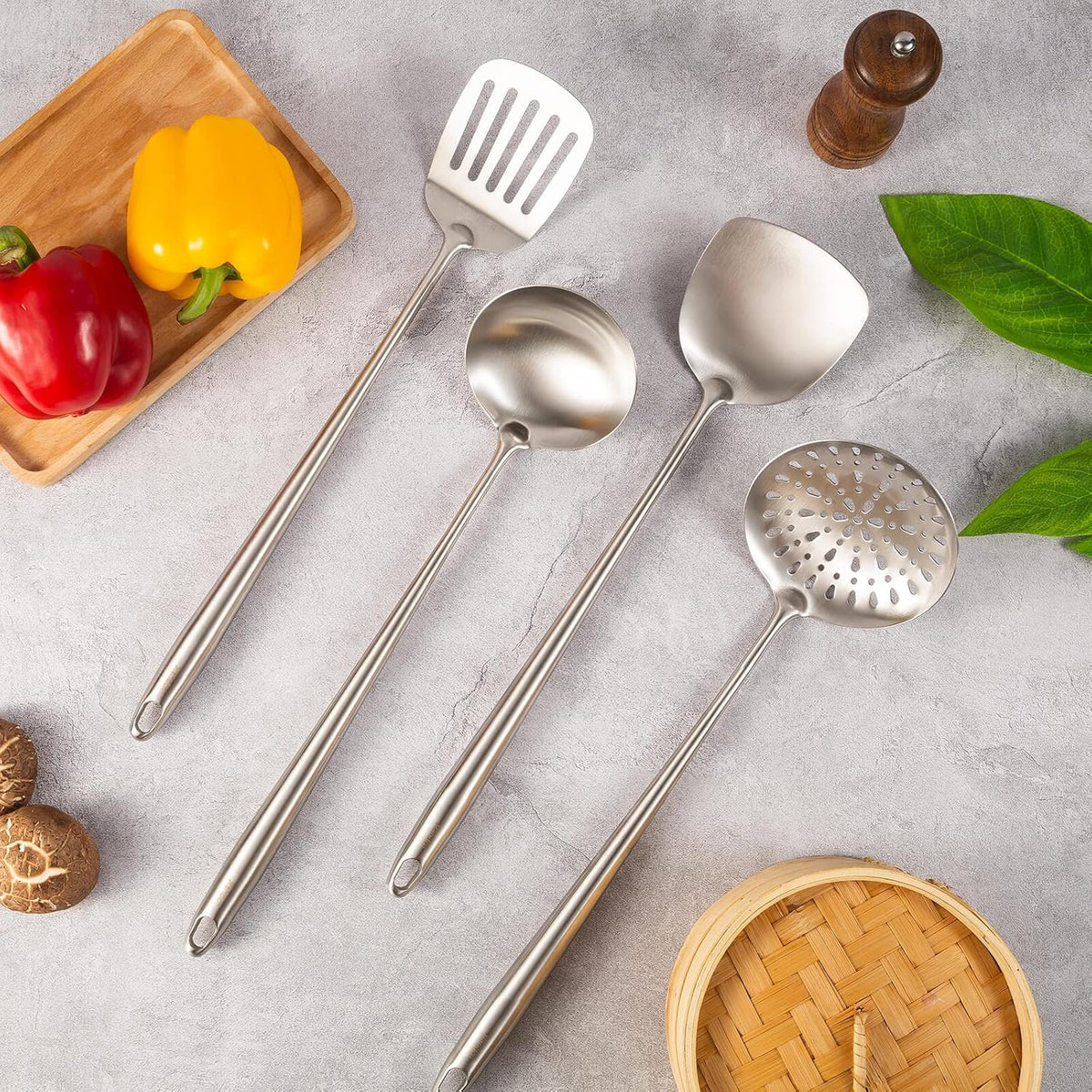 17″ Wok Utensils - Wok Spatula and Ladle, Skimmer Spoon, Slotted Spatula