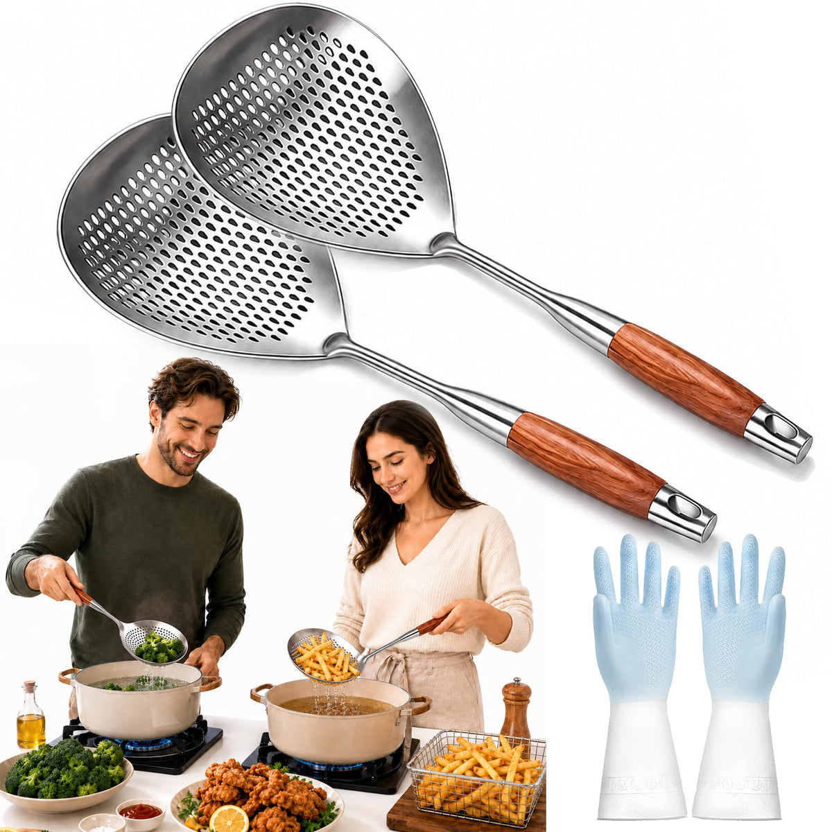 Wooden Handle Stainless Steel Skimmer, Skimmer Slotted Spoon, Skimmer Ladle Spoon with Heat-Resistant Long Handle, Extra Thick Spider Strainer for Deep Frying, Boiling & Fast Oil Draining (2)