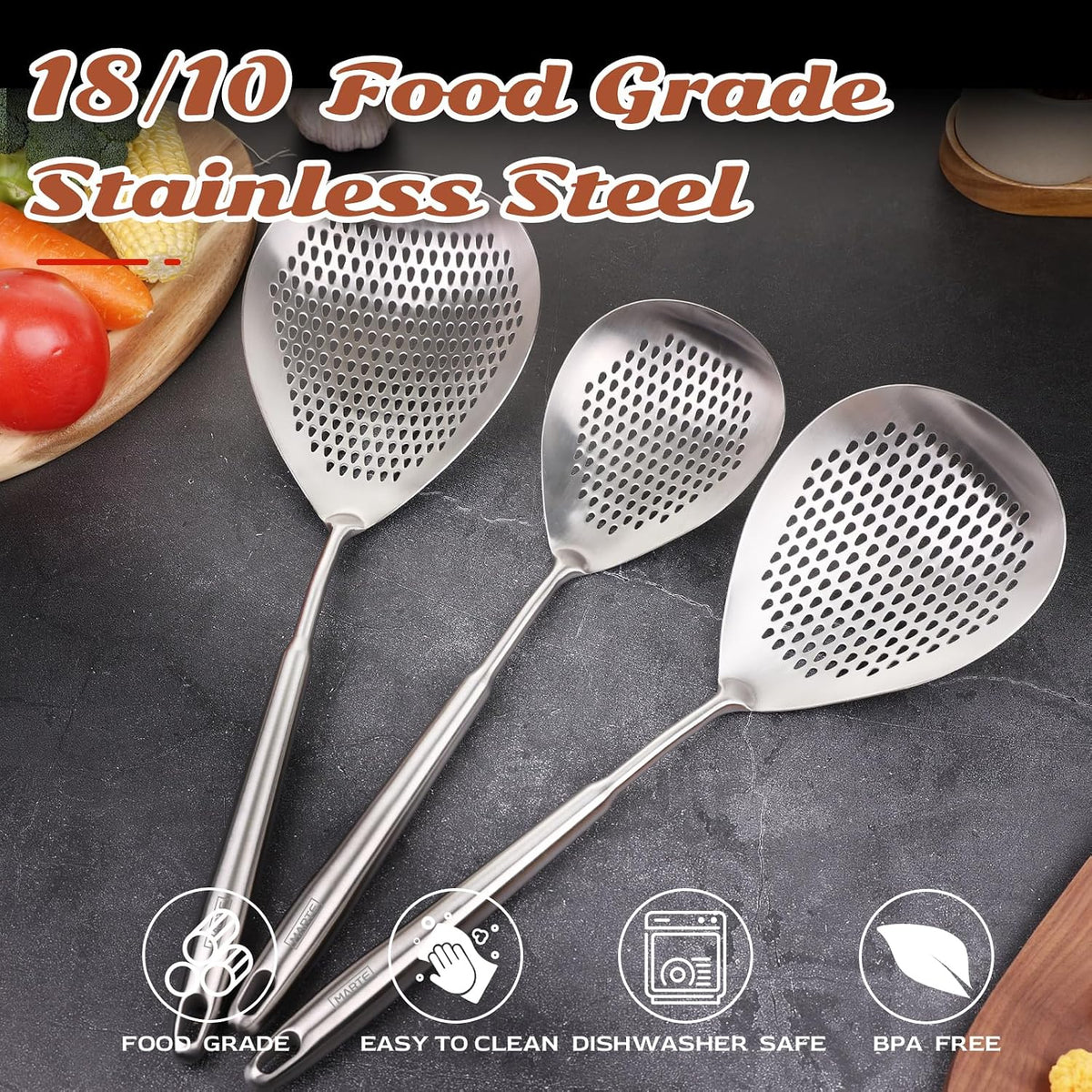 Skimmer Slotted Spoon -16.5" 304 Stainless Steel Pasta Spider Strainer Skimmer Ladle Spoon for Cooking and Frying - Kitchen Metal Scoop Colander Strainer Spoon with Heat Resistant Handle