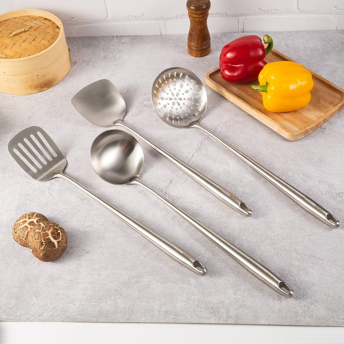 17″ Wok Utensils - Wok Spatula and Ladle, Skimmer Spoon, Slotted Spatula