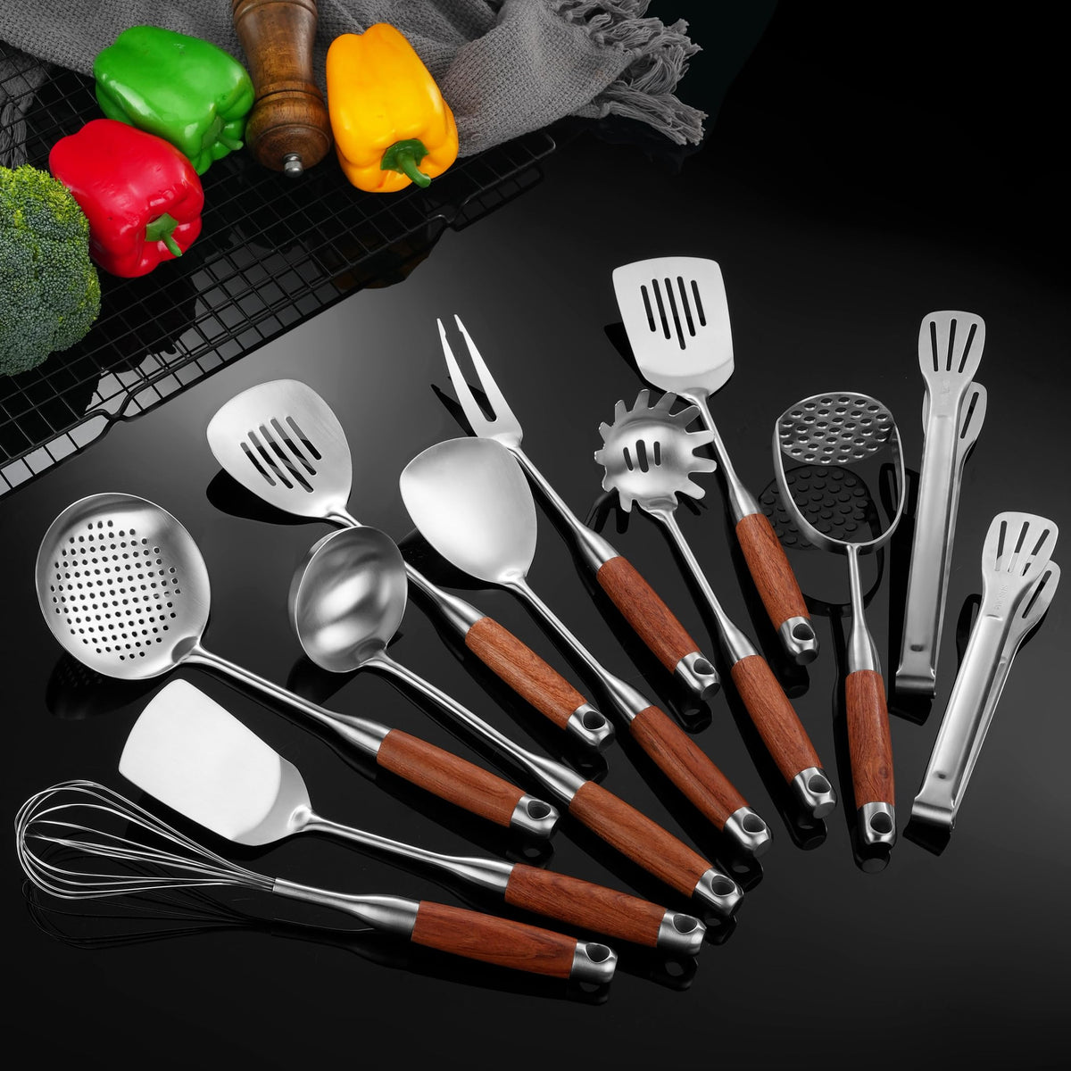 Stainless Steel Kitchen Utensils Set for Cooking Wooden Handle 9pcs