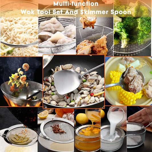 Durable 304 Stainless Steel Wok Ladle Oil Soup Spoon, Wok Spatula, Hot Pot Fine Mesh Fat Skimmer Spoon, Spider Strainer Set |4Pcs Cooking Utensils|