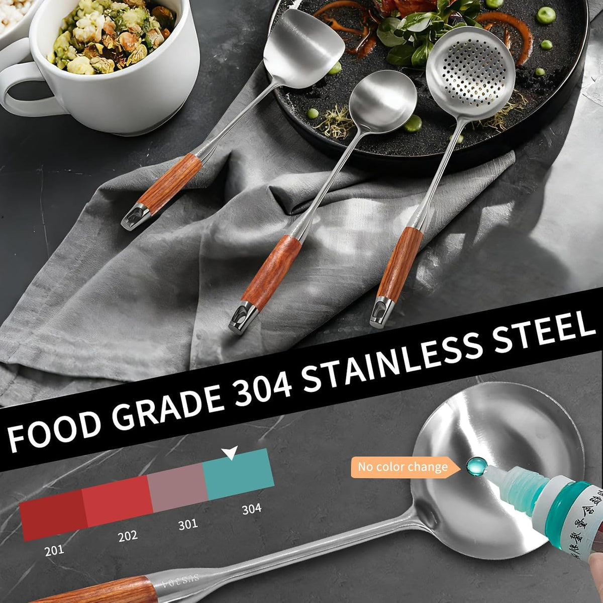 304 Stainless Steel Wok Utensils Set, 3-Piece 15 Inch Extra Long Professional Wok Tools with Wooden Handle, Includes Spatula, Skimmer & Soup Ladle for Carbon Steel Wok
