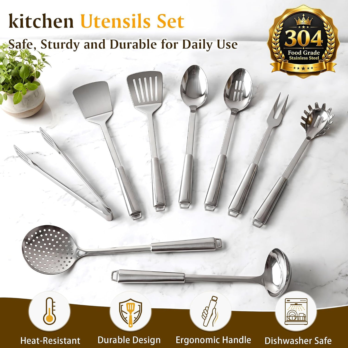 304 Stainless Steel Slotted Spoons for Cooking, Skimmer Ladle, Heavy Duty Sturdy Large Strainer Spoon with Hanging Hole, Heat Resistant Metal Kitchen Utensil, Ergonomic Handle, Dishwasher Safe