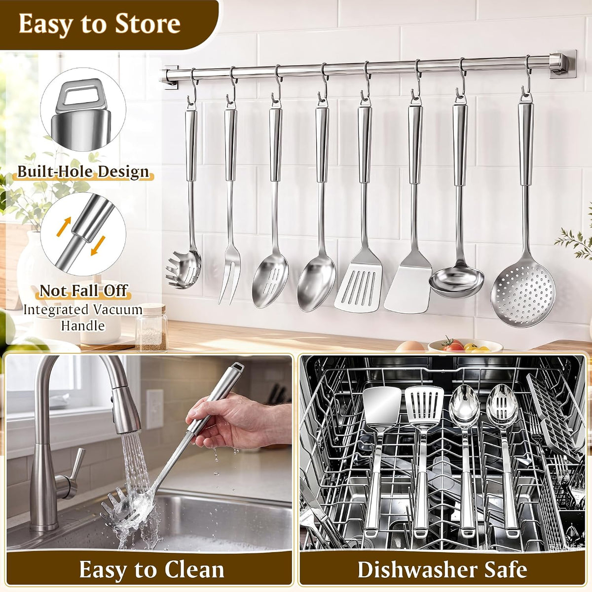 304 Stainless Steel Slotted Spoons for Cooking, Skimmer Ladle, Heavy Duty Sturdy Large Strainer Spoon with Hanging Hole, Heat Resistant Metal Kitchen Utensil, Ergonomic Handle, Dishwasher Safe