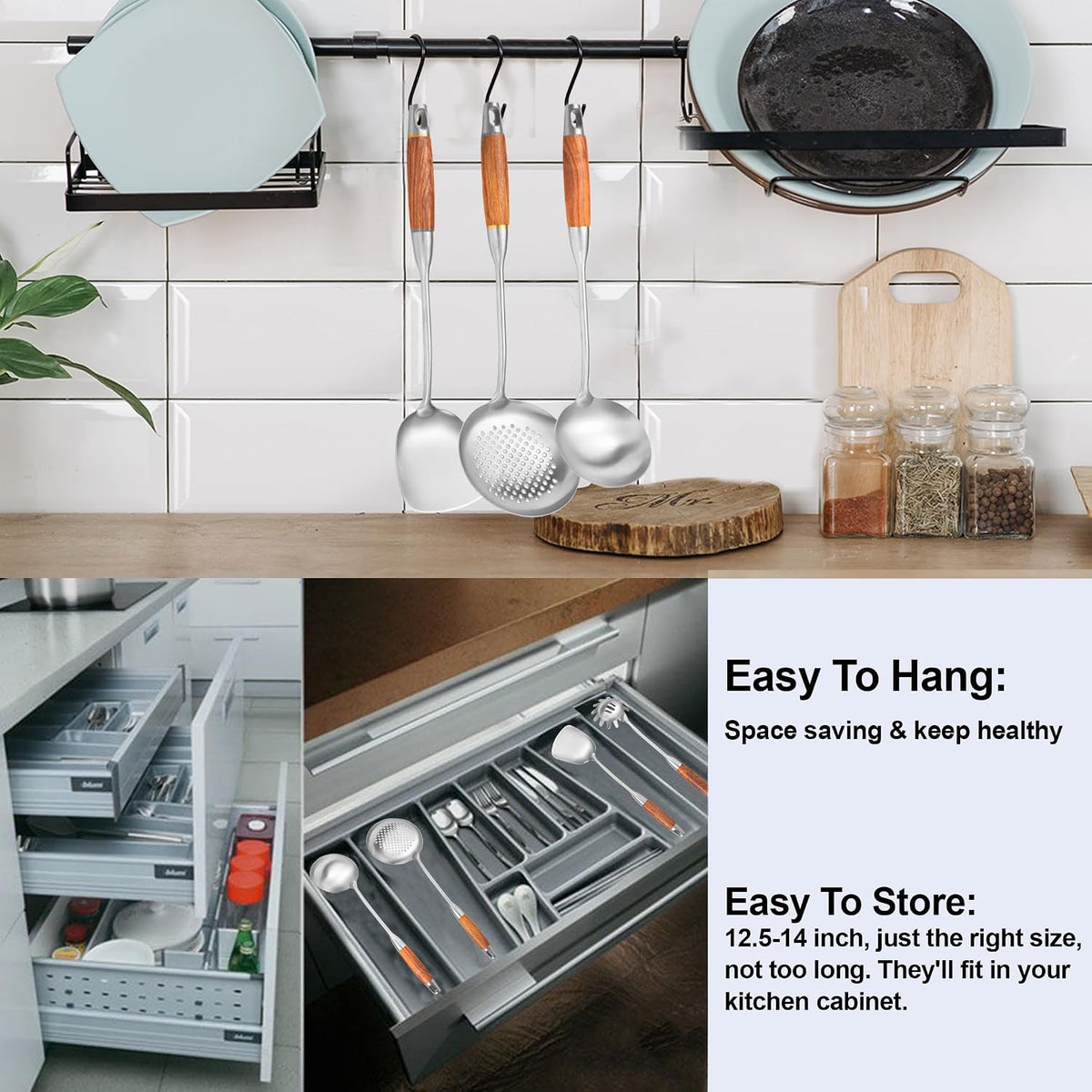Stainless Steel Kitchen Utensils Set for Cooking Wooden Handle 9pcs