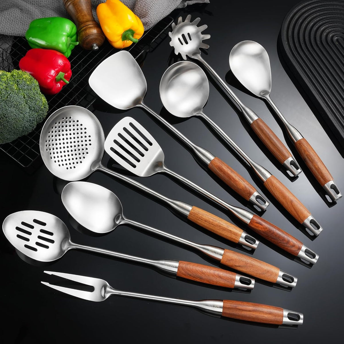 Stainless Steel Kitchen Utensils Set for Cooking Wooden Handle 9pcs