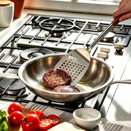 Cooking Spatula 14.2" and Spoon 13.6", Stainless Steel, Wooden Handle