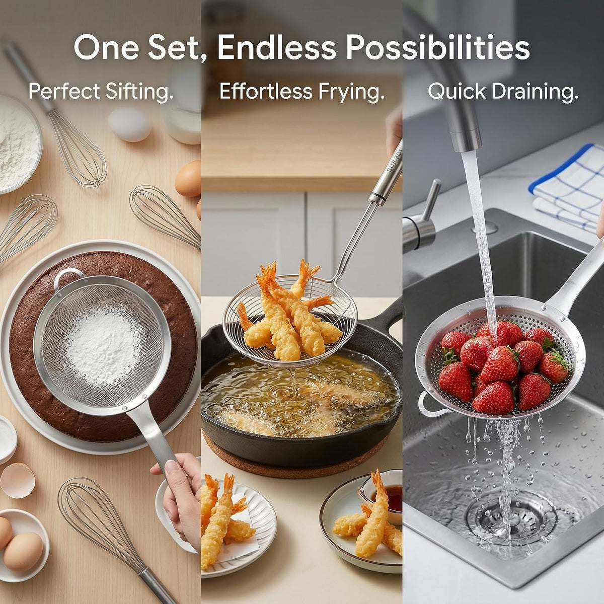 3 Pieces Spider Strainer Skimmer Ladle, Stainless Steel Fine Mesh Fat Skimmer Spoon, Large Hole Slotted Colander, Kitchen Wire Strainer for Straining Pasta/Skimming Grease/Cooking/Frying