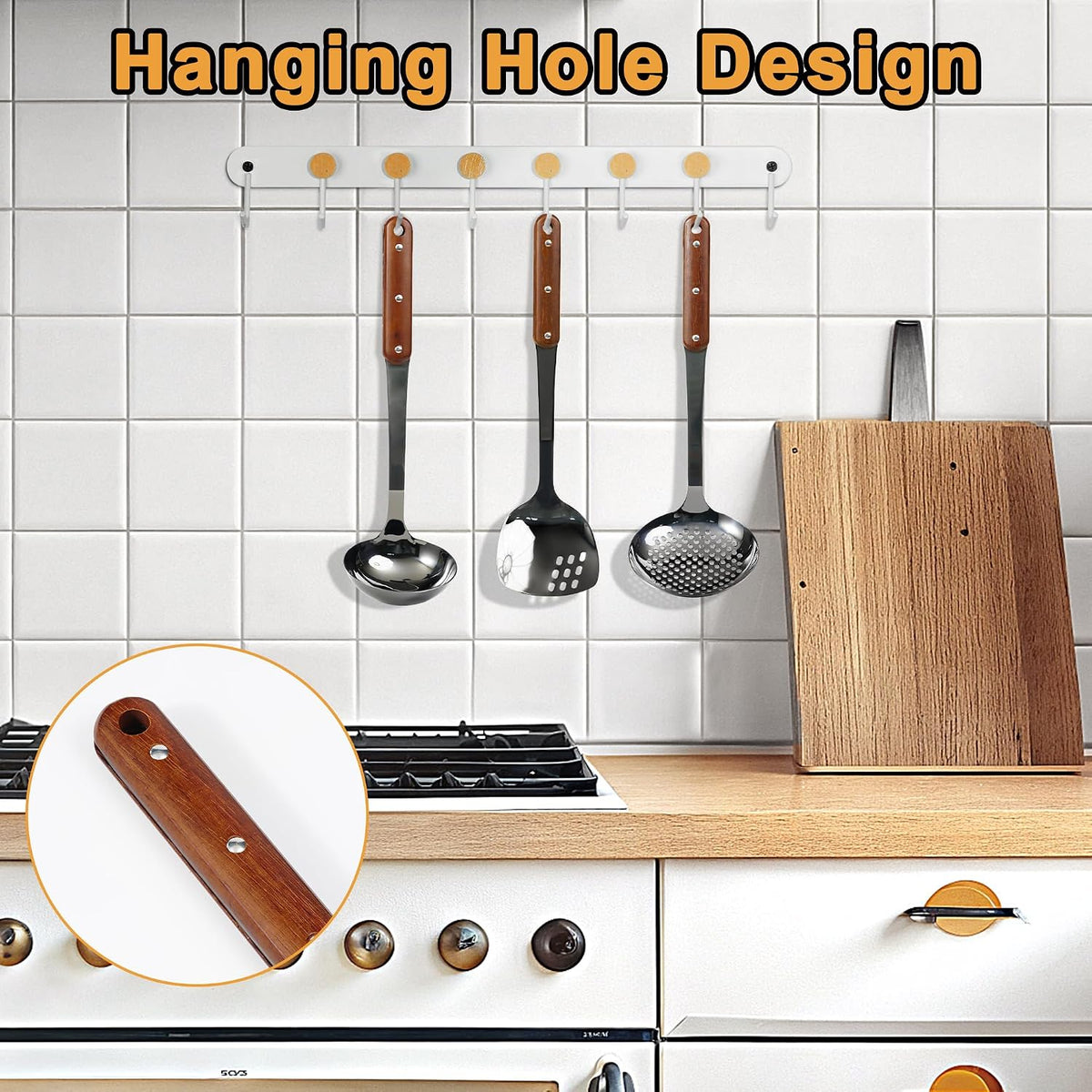 FJNATINH Stainless Steel Wok Spatula,Ladle,Skimmer Ladle Tool Set,Mirror Polished Cooking Utensils with Wooden Handle,Easy to Clean Wok Accessories,Black 3 PCS