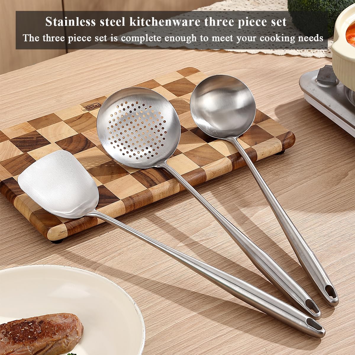Berglander Wok Spatula Set, Stainless Steel Kitchen Cooking Utensils - 17" Wok Tools: Spatula, Ladle, Skimmer