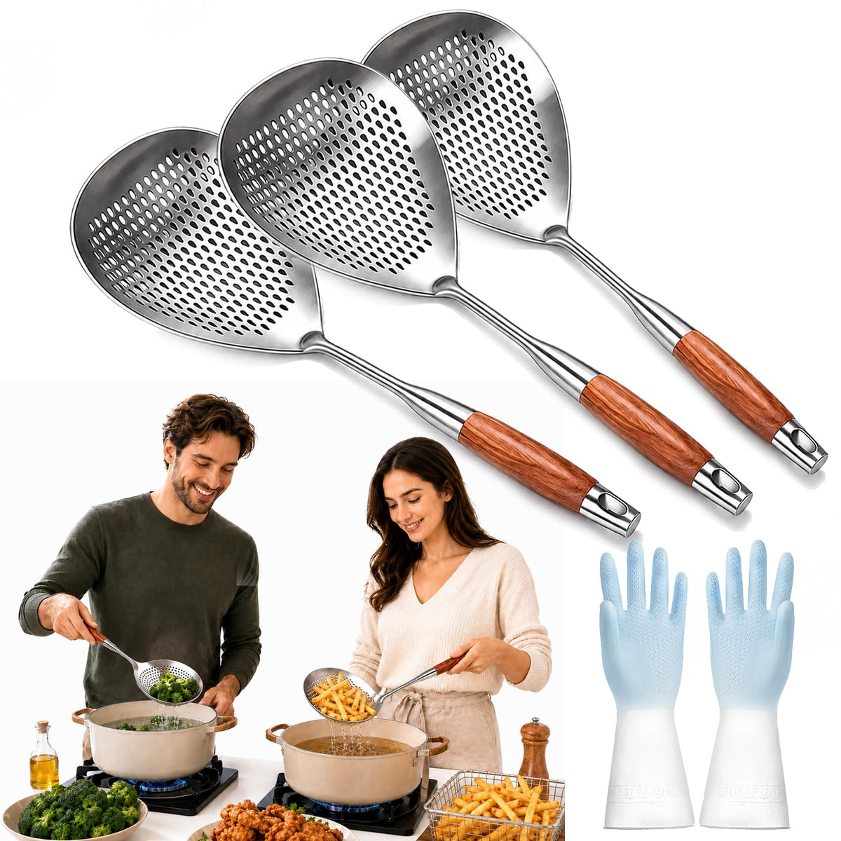 Wooden Handle Stainless Steel Skimmer, Skimmer Slotted Spoon, Skimmer Ladle Spoon with Heat-Resistant Long Handle, Extra Thick Spider Strainer for Deep Frying, Boiling & Fast Oil Draining (2)