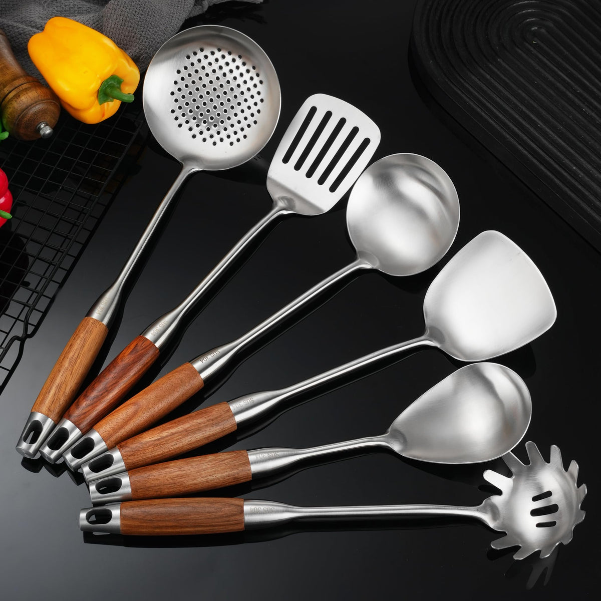 Stainless Steel Kitchen Utensils Set for Cooking Wooden Handle 9pcs