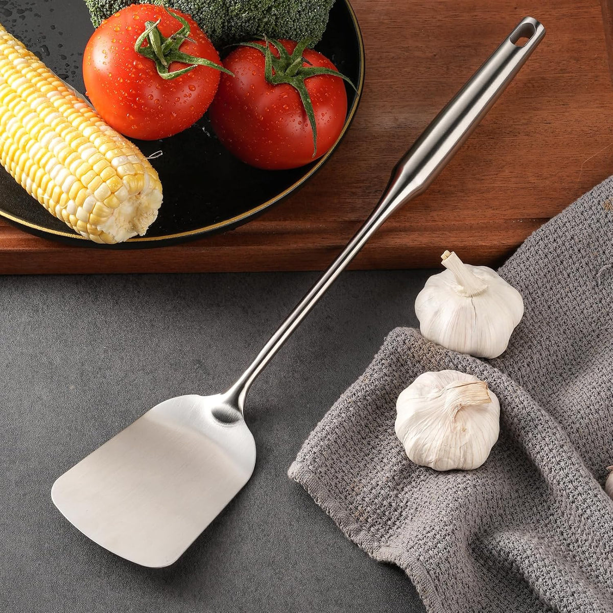 Stainless Steel Wok Spatula,Metal Flipper for Kitchen Cooking,Extra Long Handle Wide Cooking Scraper,Heavy Duty Pancake Turner,Silver,15.4 Inches,1 Piece