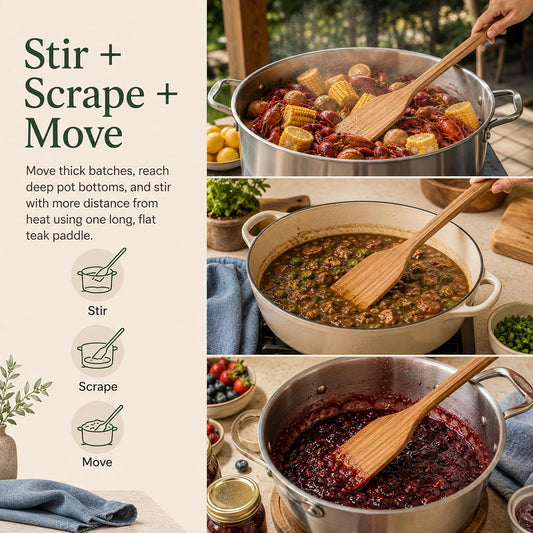 FAAY 18" Teak Wooden Spatula, Stir Paddle for Seafood Boils & Stockpots | 18-inch teak stir paddle for seafood boils, crawfish, gumbo, roux, jam and stock pots; no lacquer, coconut oil finish.