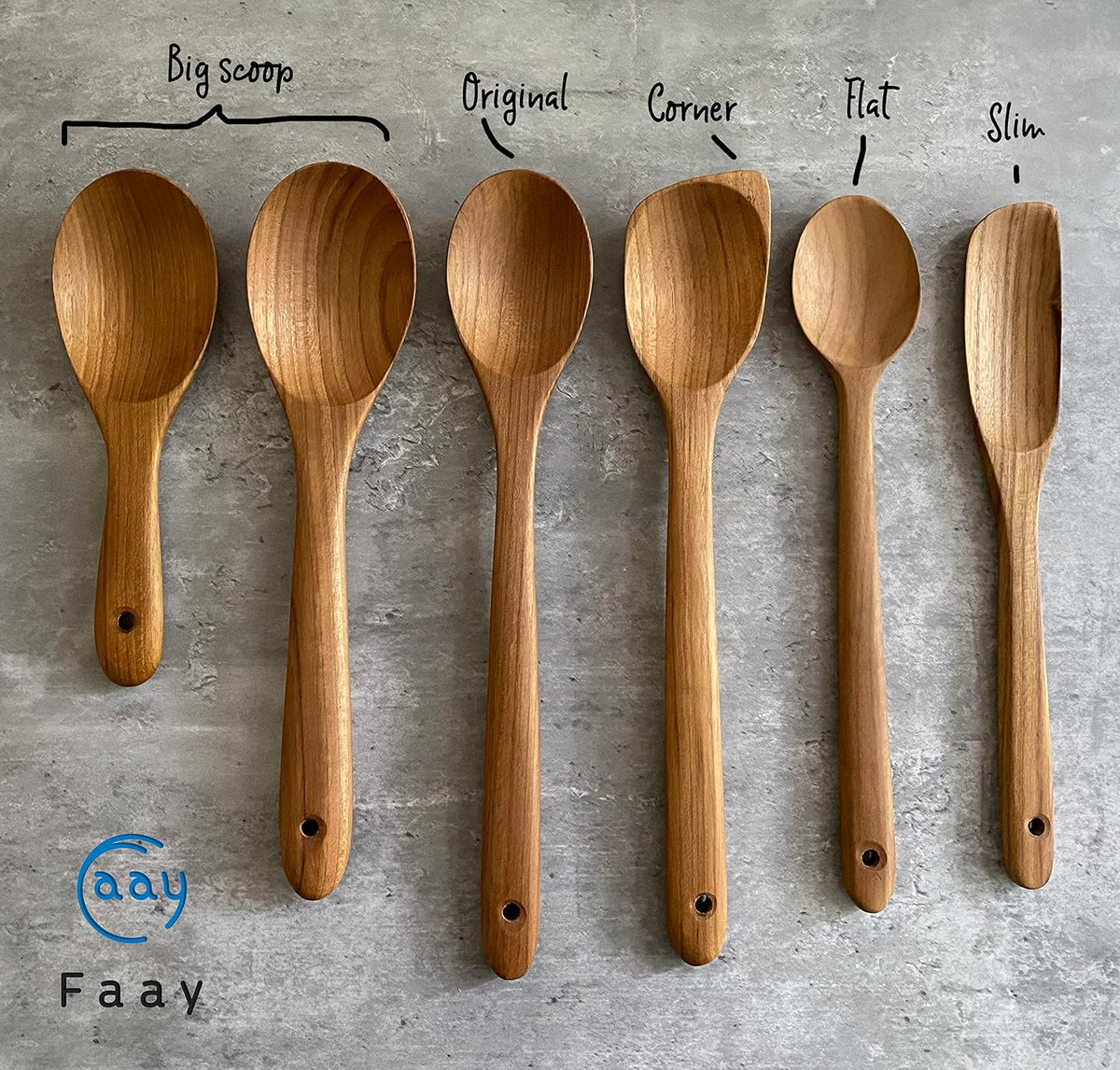 FAAY 12" Big Scoop Spoon, Wide Head, Easy for Cooking and Serving. Handcraft from High Moist Resistance Golden Teak Wood | Durable, Healthy, Ergonomic Handle for Non Stick Cookware